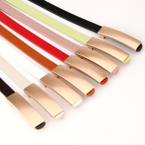 Damen Mode Dünner Gürtel PU Leder Goldene Plattenschnalle Koreanisch Vielseitiger Taillengürtel Für Kleid Hosen Lässiger Skinny Gürtel
