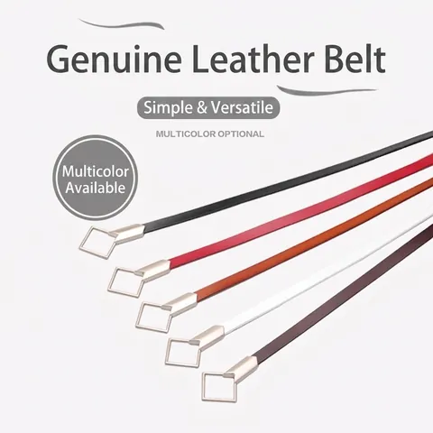 Cintura Sottile in Pelle di Vacchetta Minimalista da Donna Versatile Senza Foro Nodo Cinturino in Vita Fibbia Quadrata in Lega Cintura Decorativa