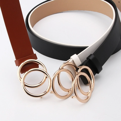 Women Fashion PU Leather Belt Double Round Gold Buckle Adjustable Waist Strap For Sweaters Coats Casual Pants Daily Wear