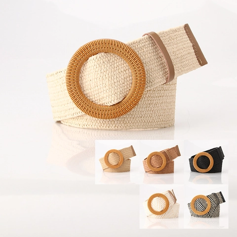Bohemian Women Straw Woven Elastic Waist Belt With Large Plastic Buckle Vintage Retro Wide Waistband For Dress Casual Jewelry