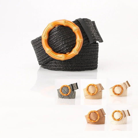Bohemian Women Straw Woven Elastic Waist Belt With Large Plastic Buckle Vintage Retro Wide Waistband For Dress Casual Jewelry