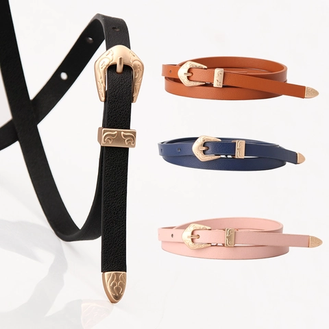 Damen Vintage Kunstleder Dünner Gürtel Mit Antik Gold Gravierte Legierung Schnalle Mode Dekorativen Gürtel Für Kleid