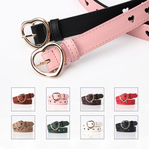 Women PU Leather Belt Heart Shaped Metal Buckle Hollow Out Heart Design Fashionable Waistband For Jeans Dresses Ladies Waist Strap