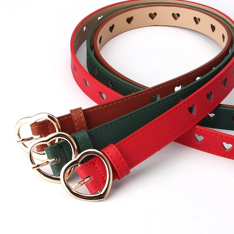Women PU Leather Belt Heart Shaped Metal Buckle Hollow Out Heart Design Fashionable Waistband For Jeans Dresses Ladies Waist Strap