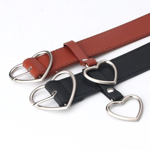 Women's Heart Shape Metal Buckle Faux Leather Belt Fashion Simple Elegant Waist Belt With Heart Charm For Jeans Dresses