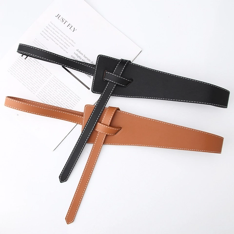 Fashion Knotted Corset Belt For Women PU Leather Wide Waistband Contrast Stitching Vintage Belt For Suits And Dresses