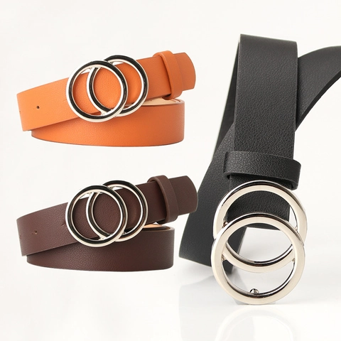 Cintura da Donna in Pelle PU Moderna Minimalista Doppia Fibbia ad Anello a O Cinturino Sottile per Abito Cintura Decorativa