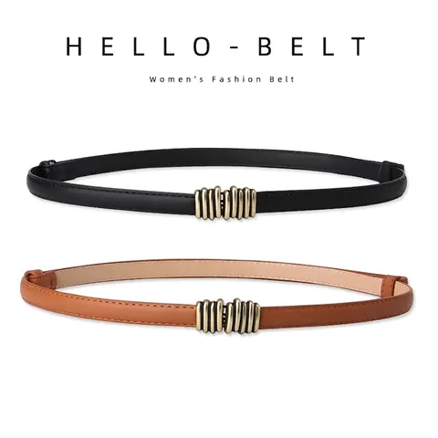 Damen Retro Schmaler PU Ledergürtel mit Goldener Metallschnalle Verstellbarer Taillengürtel für Kleider Jacken