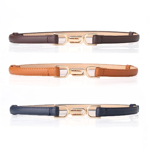 Women Fashion Thin Waist Belt PU Leather Interlocking Gold Alloy Buckle Skinny Decorative Dress Belt For Suits Ladies Accessories
