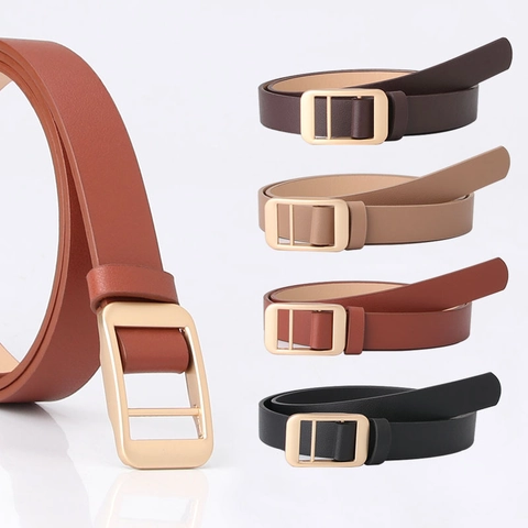 Women Simple PU Leather Belt Fashion Solid Color Waistband Alloy Double Bar Buckle for Jeans Dress Student Accessories