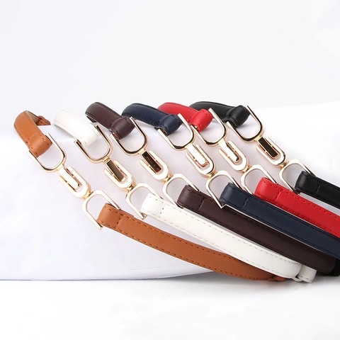 Women Fashion Thin Waist Belt PU Leather Interlocking Gold Alloy Buckle Skinny Decorative Dress Belt For Suits Ladies Accessories