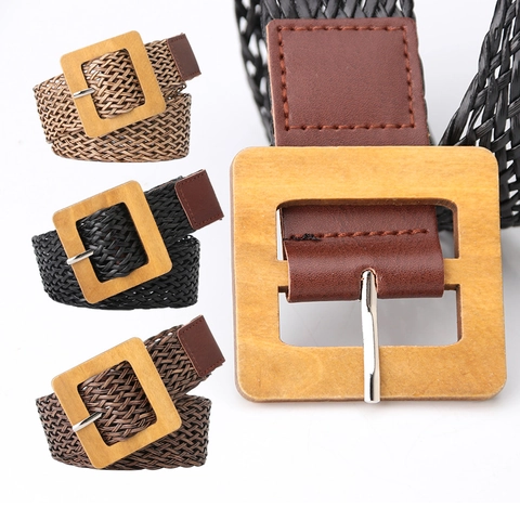 Damen Bohemian Geflochtener Gürtel Mit Quadratischer Holzschnalle Vintage Einfacher Mode Taillengürtel Für Kleider Jeans