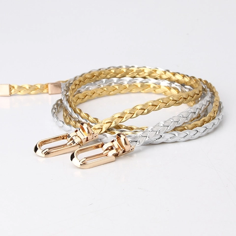 Damen Koreanischer Stil Geflochtener PU Leder Gürtel Bonbonfarben Dünner Dekorativer Hüftgürtel Mit Gold Legierung Schnalle Für Kleid