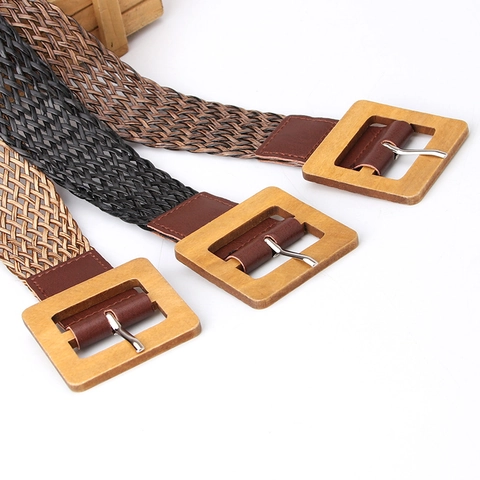 Damen Bohemian Geflochtener Gürtel Mit Quadratischer Holzschnalle Vintage Einfacher Mode Taillengürtel Für Kleider Jeans
