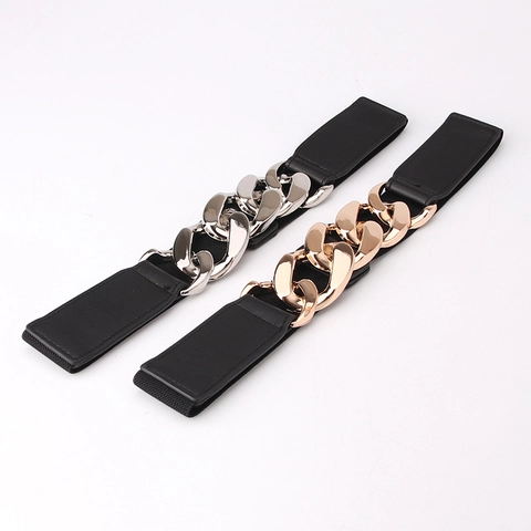 Women's Fashion Elastic Corset Belt Wide Waist Band Large Gold Silver Metal Chain Buckle Snap Closure Decorative Belt For Dresses