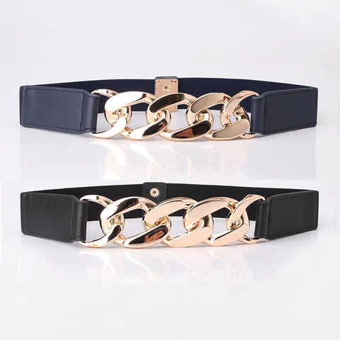 Women's Fashion Elastic Corset Belt Wide Waist Band Large Gold Silver Metal Chain Buckle Snap Closure Decorative Belt For Dresses
