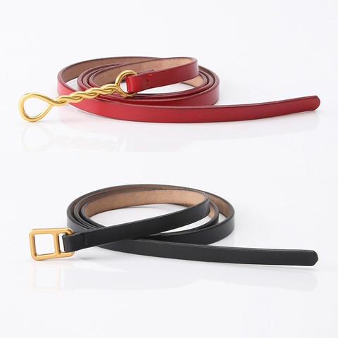 Women Thin Split Cowhide Leather Belt Fashion Casual Korean Style Waist Belt With Alloy Twisted Smooth Buckle For Jeans Dress