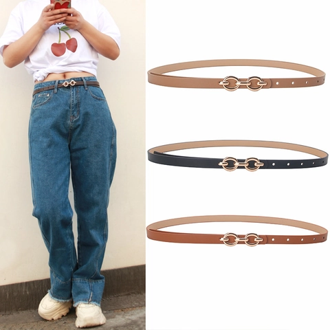 Women's Fashion Thin Faux Leather Belt With Golden Alloy Interlocking Chain Buckle Elegant Waist Strap For Dress Jeans