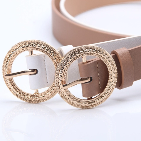 Damen Mode PU Leder Gürtel Minimalistisch Einfarbig Runde Geflochtene Goldene Schnalle Schmaler Taillengürtel Für Jeans Kleider