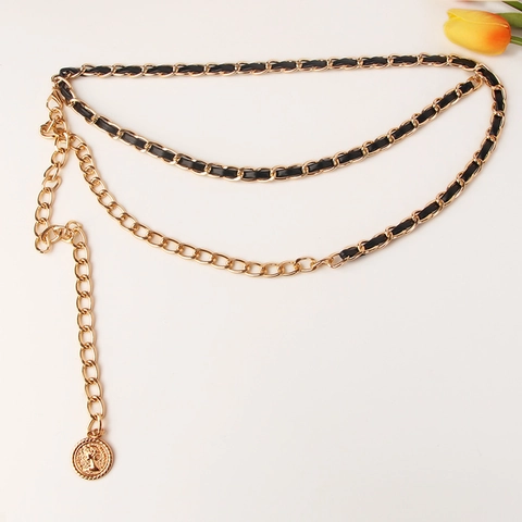 Cintura a Catena in Vita in Metallo e Pelle Artificiale Intrecciata a Doppio Strato Stile Coreano Per Donna Pendente a Moneta