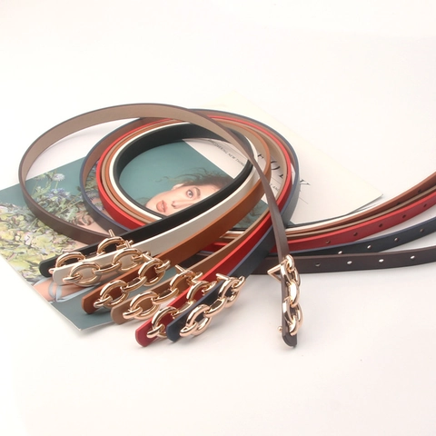 Women's Fashion Thin Faux Leather Belt With Golden Alloy Interlocking Chain Buckle Elegant Waist Strap For Dress Jeans