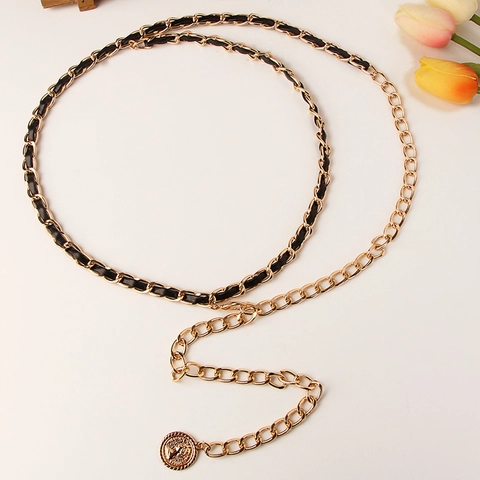 Cintura a Catena in Vita in Metallo e Pelle Artificiale Intrecciata a Doppio Strato Stile Coreano Per Donna Pendente a Moneta