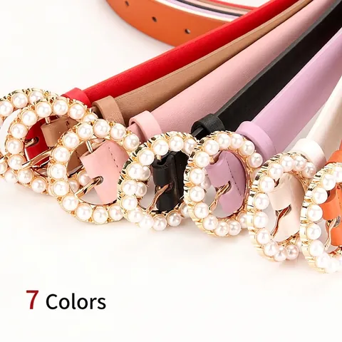 Women Fashion Faux Leather Belt Round Gold Buckle Decorated With Artificial Pearls Adjustable Waist Strap For Dress Jeans