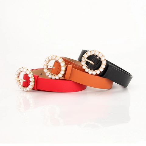Women Fashion Faux Leather Belt Round Gold Buckle Decorated With Artificial Pearls Adjustable Waist Strap For Dress Jeans