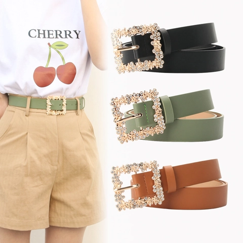 Elegant Women PU Leather Belt With Sparkling Rhinestone Inlaid Square Pin Buckle Decorative Versatile Waistband For Dress