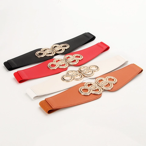 Damen Vintage Elastischer Miedergürtel Kunstleder Breiter Taillengürtel Goldene Legierung Schnalle Kleid Mantel Dekorativer Gürtel