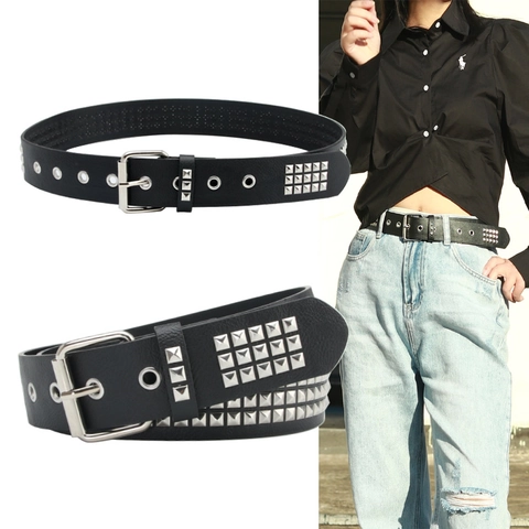 Ceinture à Rivets Pyramide Punk Rock Pour Femmes Hommes Cuir Artificiel Rivets Ceinture Gothique Jeans Décor Ceinture Avec Boucle Argent