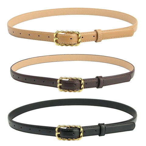Cinturón de Moda para Mujer Retro Francés Hebilla Cuadrada de Aleación de Torsión Cuero Artificial Cinturilla Delgada para Vaqueros