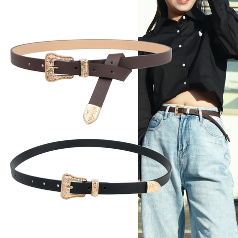 Dames Retro Kunstleer Smalle Riem Gegraveerde Legering Gesp Set Bohemien Tailleriem Voor Jurken Jeans Mode Accessoire
