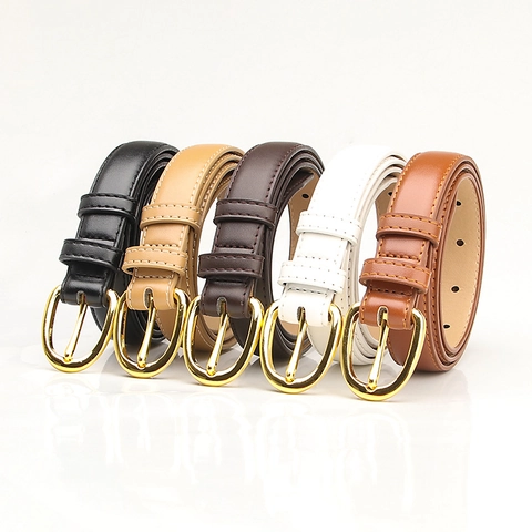 Women's Slim PU Leather Belt With Gold Oval Alloy Pin Buckle Minimalist Fashion Waistband For Jeans Coats Dress Accessory