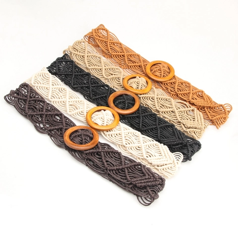 Bohemian Handwoven Wax Rope Waist Belt For Women Vintage Hollow Out Dress Belt With Natural Round Wood Buckle Ethnic Accessory