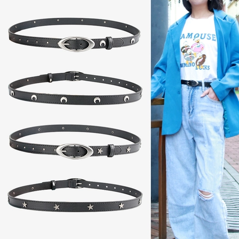 Women Vintage Punk Skinny Belt Faux Leather Star Moon Rivet Waistband With Oval Pin Buckle For Dress Jeans Fashion Accessory