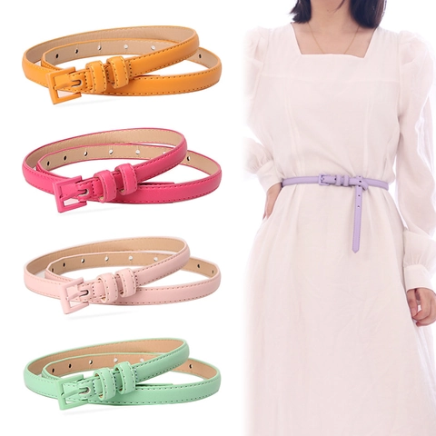 Women Fashion Candy Color Thin Faux Leather Belt Alloy Pin Buckle Decorative Waist Strap For Dresses Pants Lady Accessories
