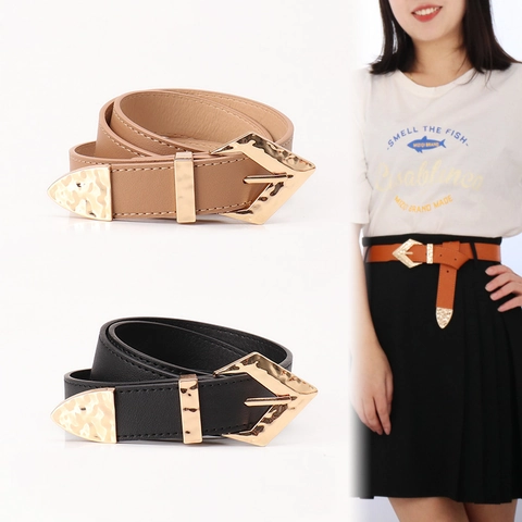 Ceinture Fine en Similicuir Vintage pour Femme Avec Boucle en Alliage Martelée Dorée Ceinture de Taille Mode Y2K pour Robes