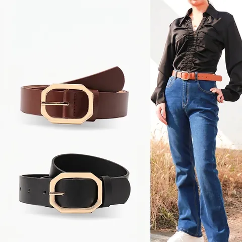 Cinturón de Moda de Cuero Sintético para Mujer Con Hebilla de Aleación Geométrica Octogonal Dorada Cinturón de Color Sólido