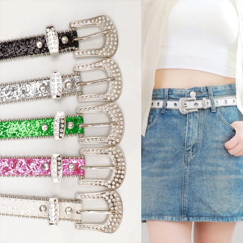Y2K Rhinestone Faux Leather Belt For Women Sequin Waist Strap With Alloy Pin Buckle Retro Punk Western Accessories