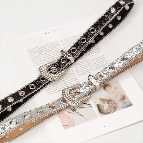 Y2K Rhinestone Faux Leather Belt For Women Sequin Waist Strap With Alloy Pin Buckle Retro Punk Western Accessories