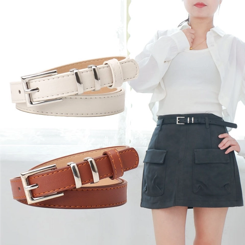 Women Simple Faux Leather Narrow Belt With Alloy Square Pin Buckle Versatile Dress Waistband For Suits Trousers Jeans