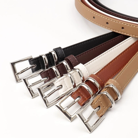 Women Simple Faux Leather Narrow Belt With Alloy Square Pin Buckle Versatile Dress Waistband For Suits Trousers Jeans