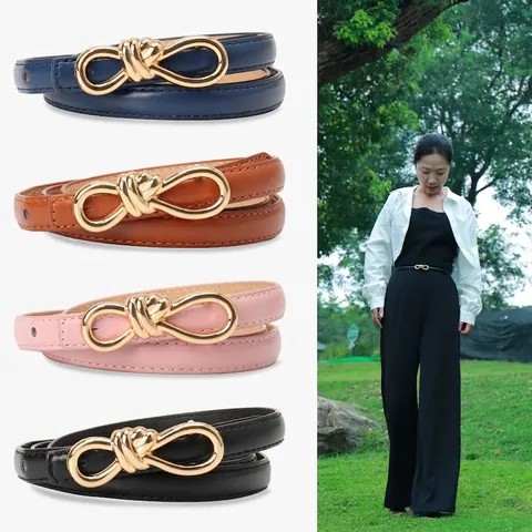 Damen Fashion Schmaler PU Ledergürtel Goldene Knotenschnalle Dünner Taillengurt Für Kleider Casual Lady Süßes Schleifen Accessoire