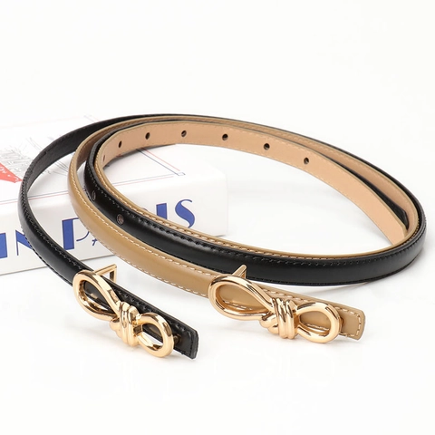 Damen Fashion Schmaler PU Ledergürtel Goldene Knotenschnalle Dünner Taillengurt Für Kleider Casual Lady Süßes Schleifen Accessoire