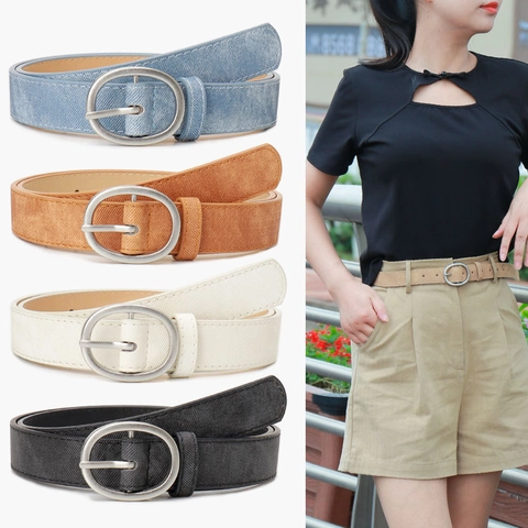 Cintura da Donna in Pelle PU con Fibbia ad Ardiglione Ovale in Lega Argento Trama Denim Casual Cinturino per Jeans Abiti