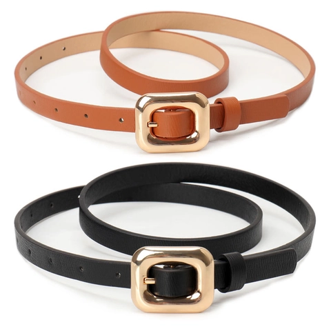 Women's Fashion Thin Faux Leather Belt With Gold Square Pin Buckle Elegant Simple Lychee Pattern Waist Belt For Jeans Accessories
