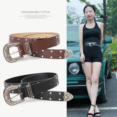Western Cowboy Retro Carved Alloy Buckle Women Belt Artificial Leather Rivet Punk Rock Fashion Waistband For Jeans
