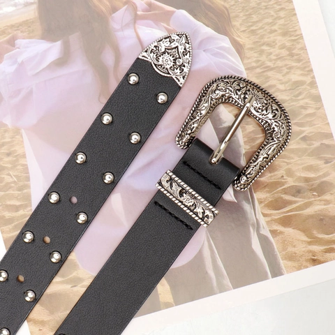Western Cowboy Retro Carved Alloy Buckle Women Belt Artificial Leather Rivet Punk Rock Fashion Waistband For Jeans