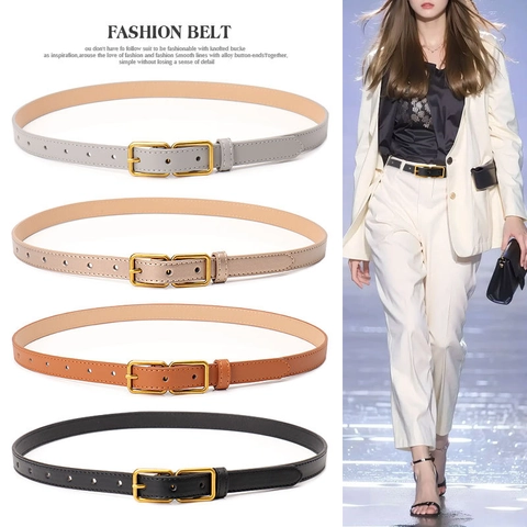 Damen Vintage Mode PU Leder Schmaler Gürtel Minimalistisch Gold Quadratische Schnalle Dünner Taillengürtel Für Kleider Hosen